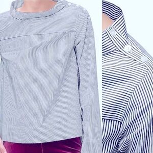 J Crew Funnel Neck Blouse Hi Low Hem pinstripe professional office blouse 10